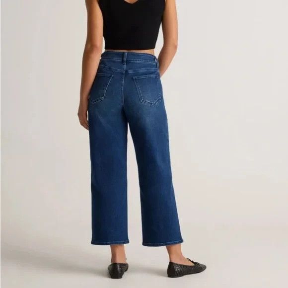 Quince Stretch High Rise Patch Pocket Wide Leg Jeans Dark Blue Wash - Picture 3 of 13